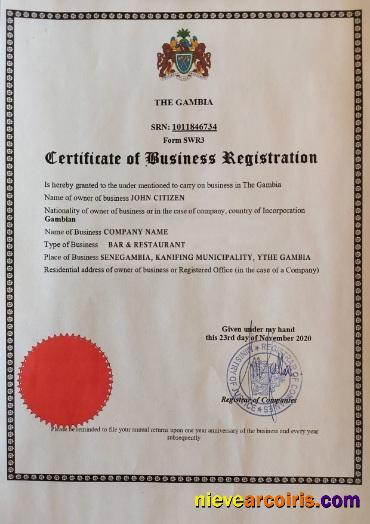 Gambia Certificate of Business Registration